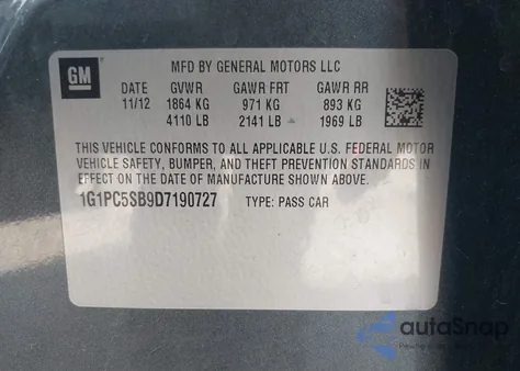 2013 Chevrolet Cruze Lt из США, поврежденный, VIN 1G1PC5SB9D7190727